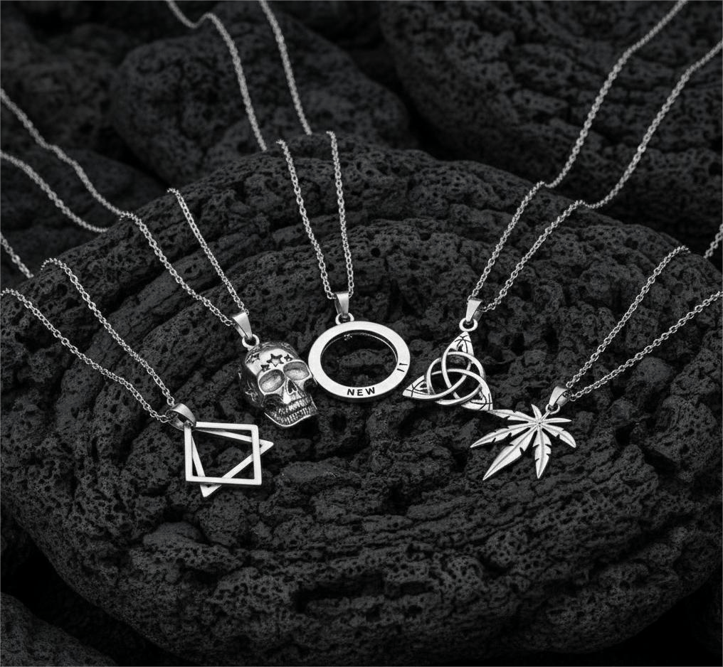 THE MEN THING Necklace SYMBOLIC ARCANUM High Contrast 5-Piece Men’s Pendant Set – HELIX, SKULL STAR, LEAFEN, VICTORIOUS, & LUCKY KNOT Necklaces on 24 Inch Stainless Steel Chain for Mens and Boys