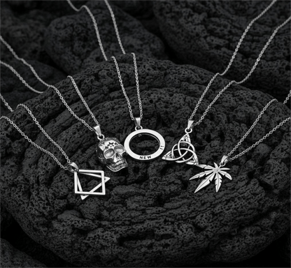 THE MEN THING Necklace SYMBOLIC ARCANUM High Contrast 5-Piece Men’s Pendant Set – HELIX, SKULL STAR, LEAFEN, VICTORIOUS, & LUCKY KNOT Necklaces on 24 Inch Stainless Steel Chain for Mens and Boys