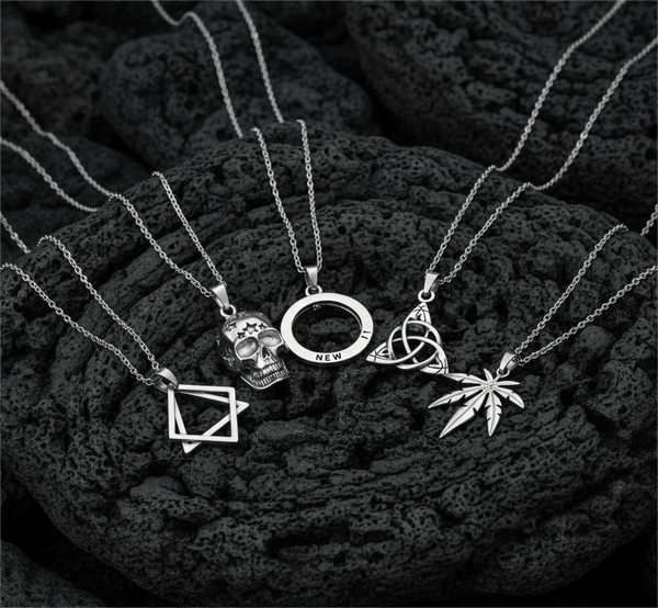 SYMBOLIC ARCANUM High Contrast 5-Piece Men’s Pendant Set – HELIX, SKULL STAR, LEAFEN, VICTORIOUS, & LUCKY KNOT Necklaces on 24 Inch Stainless Steel Chain for Mens and Boys