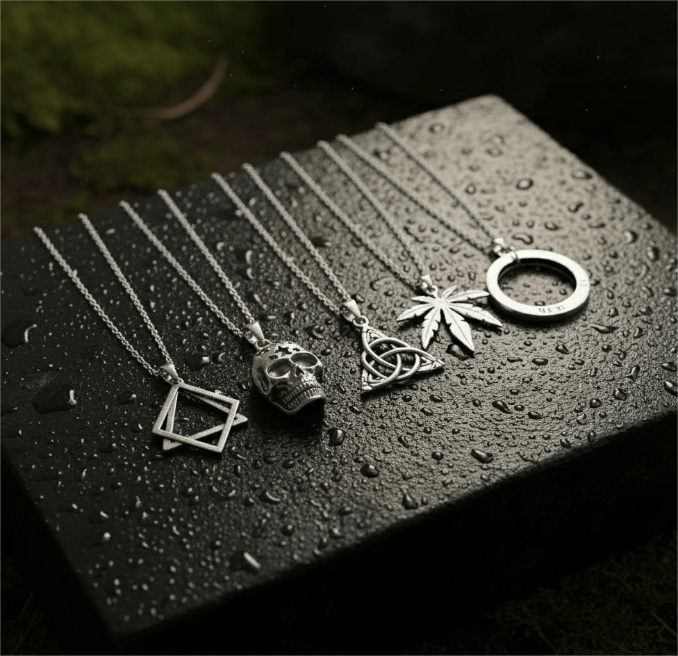 THE MEN THING Necklace SYMBOLIC ARCANUM High Contrast 5-Piece Men’s Pendant Set – HELIX, SKULL STAR, LEAFEN, VICTORIOUS, & LUCKY KNOT Necklaces on 24 Inch Stainless Steel Chain for Mens and Boys