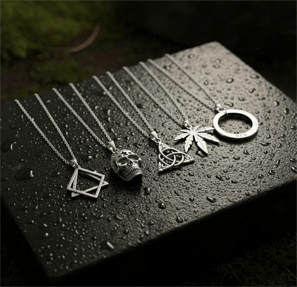 SYMBOLIC ARCANUM High Contrast 5-Piece Men’s Pendant Set – HELIX, SKULL STAR, LEAFEN, VICTORIOUS, & LUCKY KNOT Necklaces on 24 Inch Stainless Steel Chain for Mens and Boys