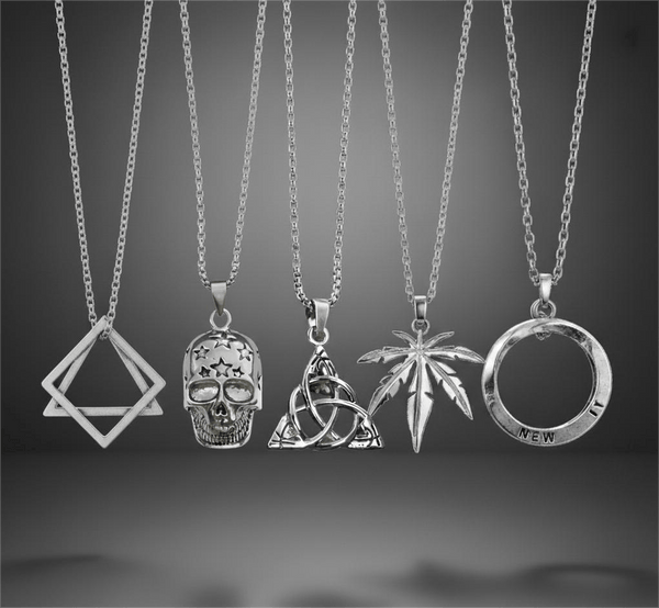 SYMBOLIC ARCANUM High Contrast 5-Piece Men’s Pendant Set – HELIX, SKULL STAR, LEAFEN, VICTORIOUS, & LUCKY KNOT Necklaces on 24 Inch Stainless Steel Chain for Mens and Boys
