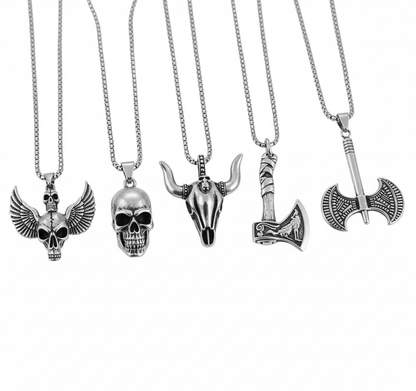 THE MEN THING Necklace Warrior's Forge 5-Piece Pendant Set – Featuring Big Skull, Angle Skull, Bull Head, Foxy Axe and Twin Sharp Axe Necklaces With 24 Inch Stainless Steel Chain for Mens and Boys