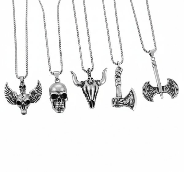 Warrior's Forge 5-Piece Pendant Set – Featuring Big Skull, Angle Skull, Bull Head, Foxy Axe and Twin Sharp Axe Necklaces With 24 Inch Stainless Steel Chain for Mens and Boys