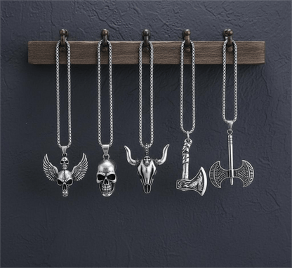 THE MEN THING Necklace Warrior's Forge 5-Piece Pendant Set – Featuring Big Skull, Angle Skull, Bull Head, Foxy Axe and Twin Sharp Axe Necklaces With 24 Inch Stainless Steel Chain for Mens and Boys