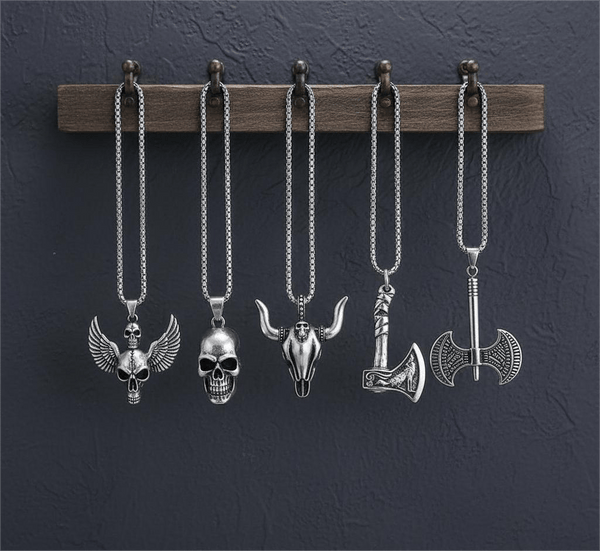 Warrior's Forge 5-Piece Pendant Set – Featuring Big Skull, Angle Skull, Bull Head, Foxy Axe and Twin Sharp Axe Necklaces With 24 Inch Stainless Steel Chain for Mens and Boys