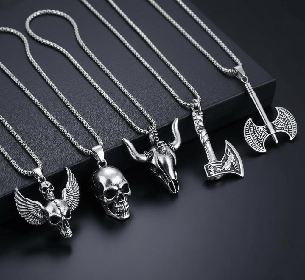 THE MEN THING Necklace Warrior's Forge 5-Piece Pendant Set – Featuring Big Skull, Angle Skull, Bull Head, Foxy Axe and Twin Sharp Axe Necklaces With 24 Inch Stainless Steel Chain for Mens and Boys