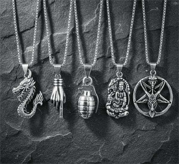 Wild Card 5-Piece Pendant Pack – Dragon Fire, Stellar Goat, Grenade, Gesture, & Roaring Peace Necklaces With 24 Inch Stainless Steel Chain for Men & Boys