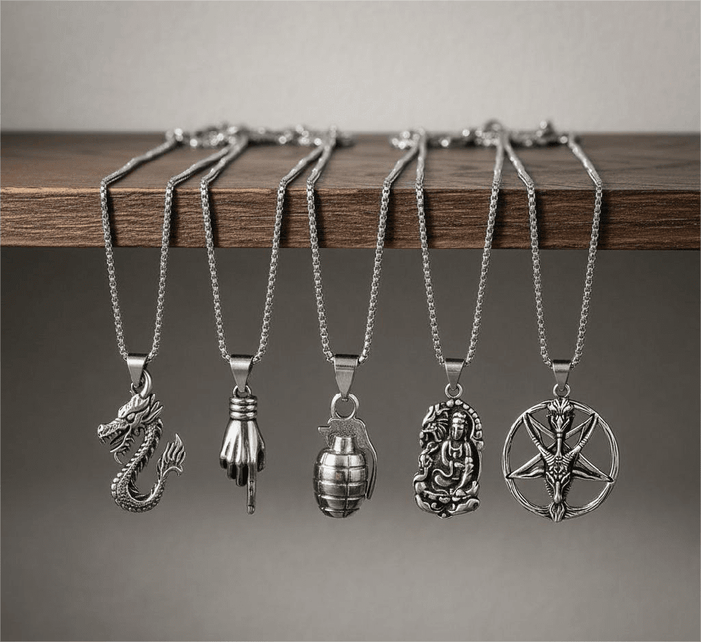 THE MEN THING Necklace Wild Card 5-Piece Pendant Pack – Dragon Fire, Stellar Goat, Grenade, Gesture, & Roaring Peace Necklaces With 24 Inch Stainless Steel Chain for Men & Boys