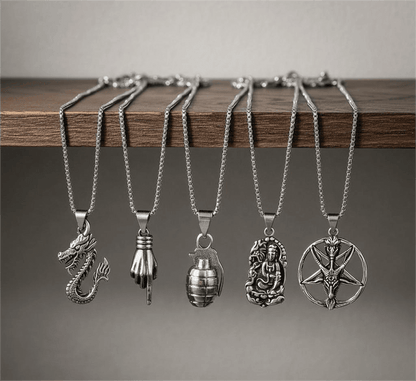 THE MEN THING Necklace Wild Card 5-Piece Pendant Pack – Dragon Fire, Stellar Goat, Grenade, Gesture, & Roaring Peace Necklaces With 24 Inch Stainless Steel Chain for Men & Boys