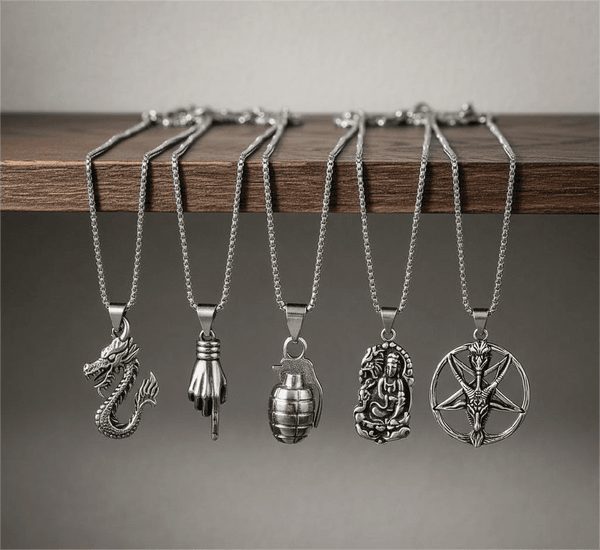 Wild Card 5-Piece Pendant Pack – Dragon Fire, Stellar Goat, Grenade, Gesture, & Roaring Peace Necklaces With 24 Inch Stainless Steel Chain for Men & Boys
