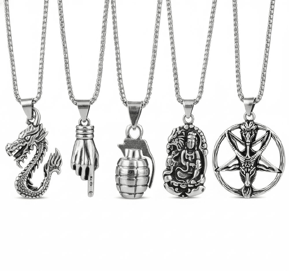 THE MEN THING Necklace Wild Card 5-Piece Pendant Pack – Dragon Fire, Stellar Goat, Grenade, Gesture, & Roaring Peace Necklaces With 24 Inch Stainless Steel Chain for Men & Boys