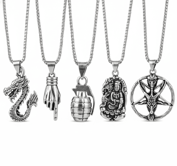 Wild Card 5-Piece Pendant Pack – Dragon Fire, Stellar Goat, Grenade, Gesture, & Roaring Peace Necklaces With 24 Inch Stainless Steel Chain for Men & Boys
