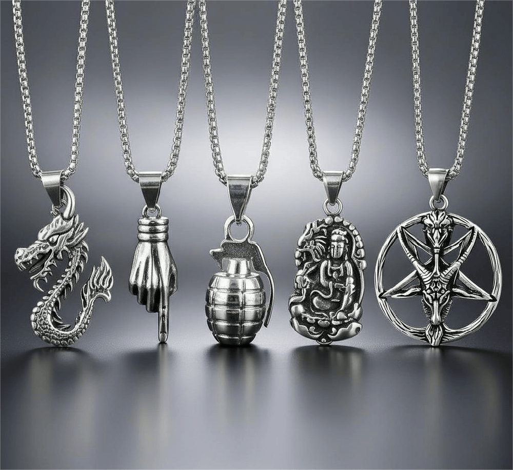 THE MEN THING Necklace Wild Card 5-Piece Pendant Pack – Dragon Fire, Stellar Goat, Grenade, Gesture, & Roaring Peace Necklaces With 24 Inch Stainless Steel Chain for Men & Boys