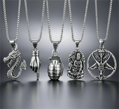 THE MEN THING Necklace Wild Card 5-Piece Pendant Pack – Dragon Fire, Stellar Goat, Grenade, Gesture, & Roaring Peace Necklaces With 24 Inch Stainless Steel Chain for Men & Boys