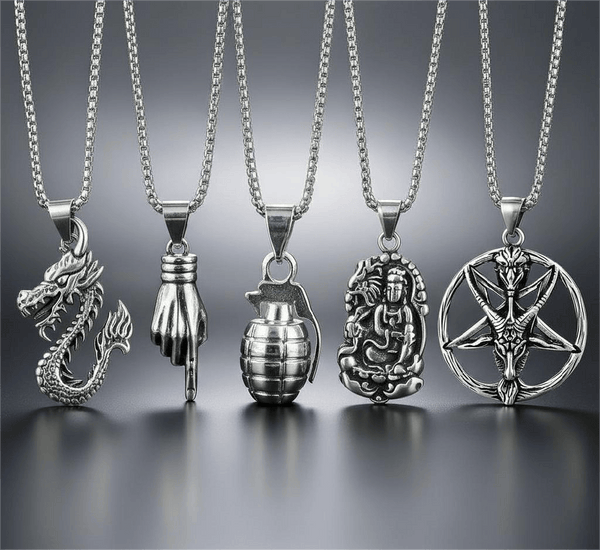 Wild Card 5-Piece Pendant Pack – Dragon Fire, Stellar Goat, Grenade, Gesture, & Roaring Peace Necklaces With 24 Inch Stainless Steel Chain for Men & Boys