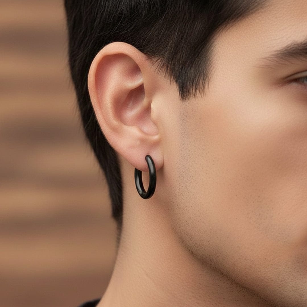 THE MEN THING Nose & Ear Ring AVOR BLACK - 16mm Titanium Steel Hoop Earrings for Men & Boys (2 Pcs)