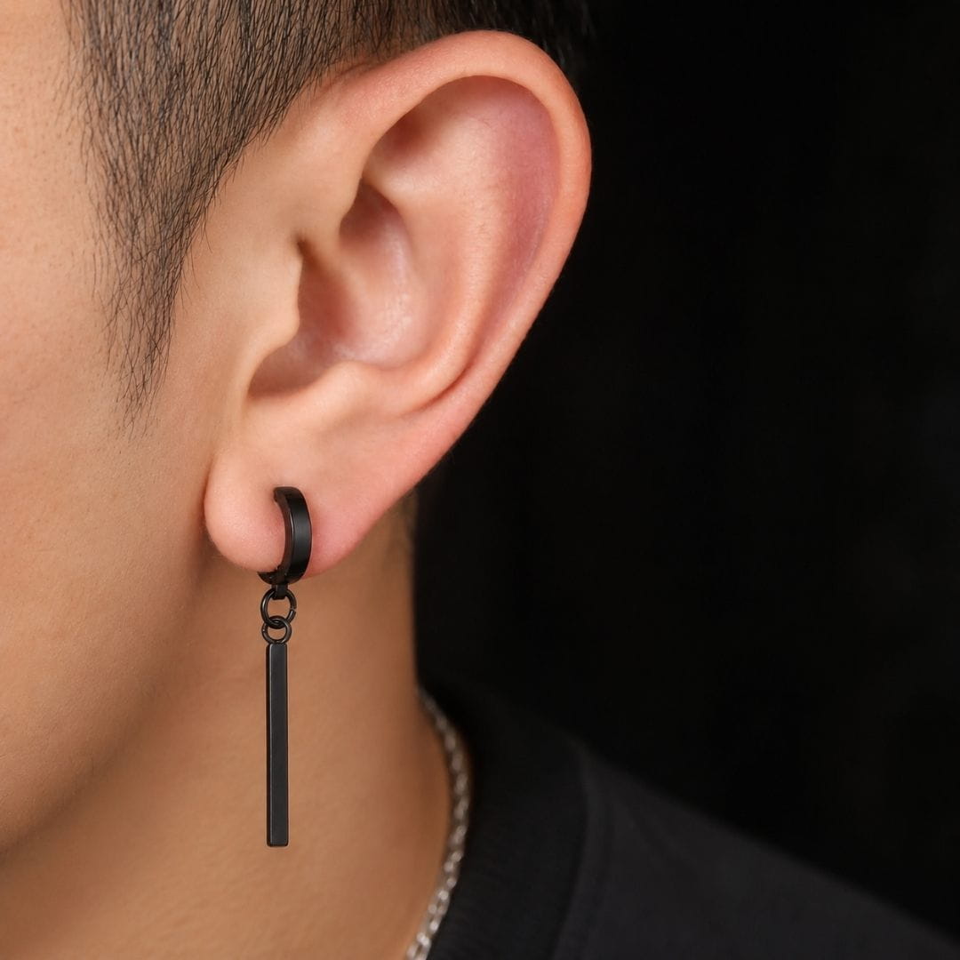 THE MEN THING Nose & Ear Ring BLACK BAR DROP - Stainless Steel Earring in Black for Men & Boys
