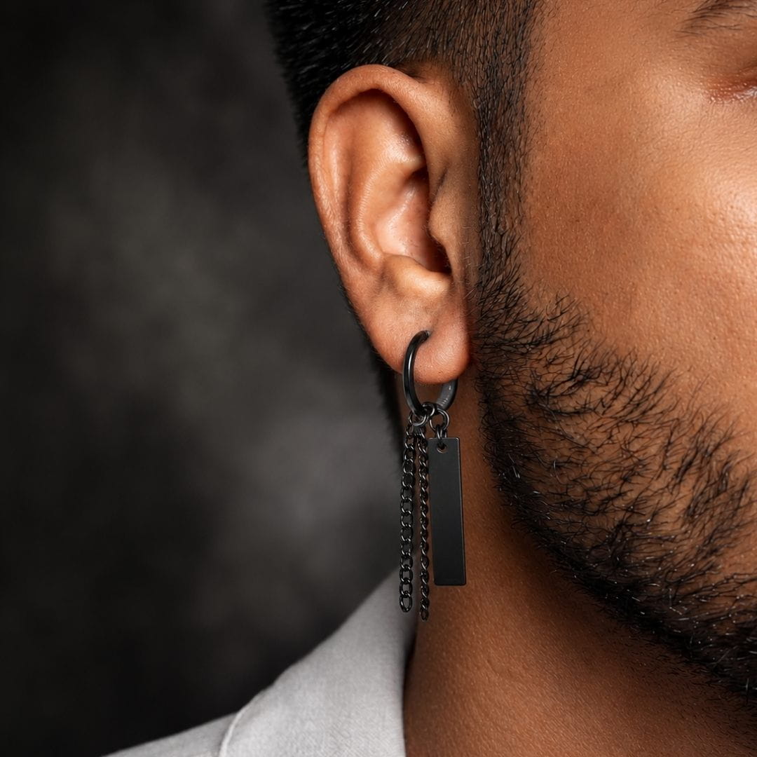 THE MEN THING Nose & Ear Ring CHAIN BAR DROP - Stainless Steel Earring in Black for Men & Boys