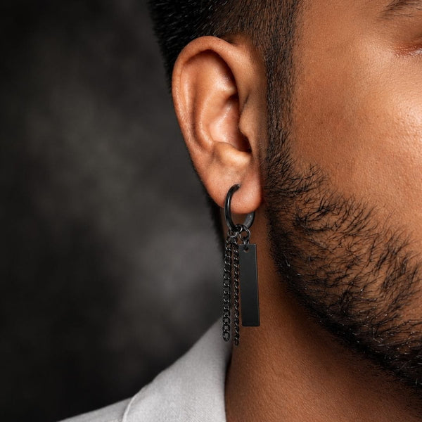 CHAIN BAR DROP - Stainless Steel Earring in Black for Men & Boys