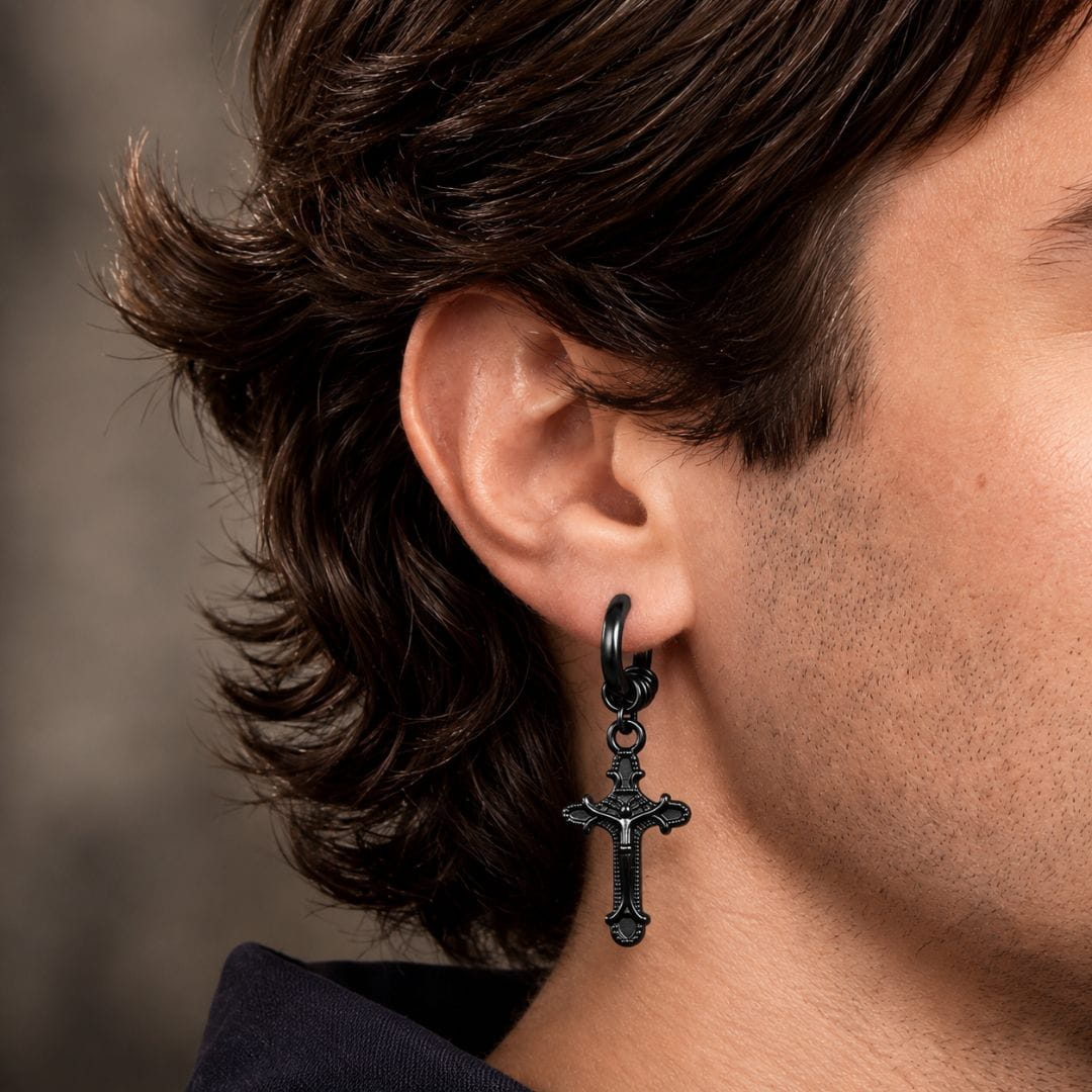 THE MEN THING Nose & Ear Ring MIDNIGHT RELIC BLACK - Stainless Steel Earring for Men & Boys — Black Polished Finish