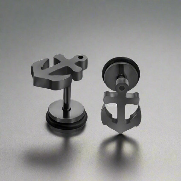 ANCLA ANCHOR BLACK - Pure Titanium Steel Piercing Ear Earrings for Men & Boys (2 Pcs)