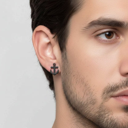 THE MEN THING Nose & Ear Ring Pair  (Both Ears) ANCLA ANCHOR BLACK - Pure Titanium Steel Piercing Ear Earrings for Men & Boys (2 Pcs)