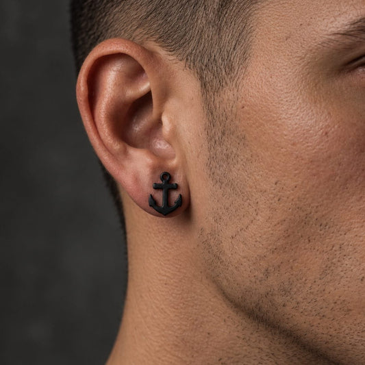 THE MEN THING Nose & Ear Ring Pair  (Both Ears) ANCLA ANCHOR BLACK - Pure Titanium Steel Piercing Ear Earrings for Men & Boys (2 Pcs)