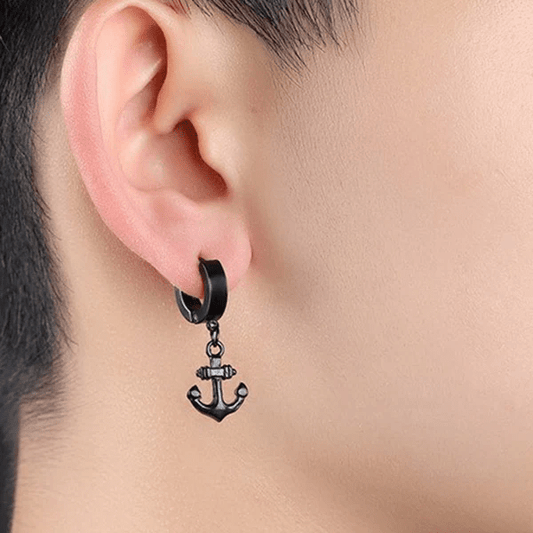 THE MEN THING Nose & Ear Ring Pair  (Both Ears) AQUALOCK ANCHOR BLACK - Pure Titanium Steel Ear Hoop Earrings for Men & Boys (2 Pcs)