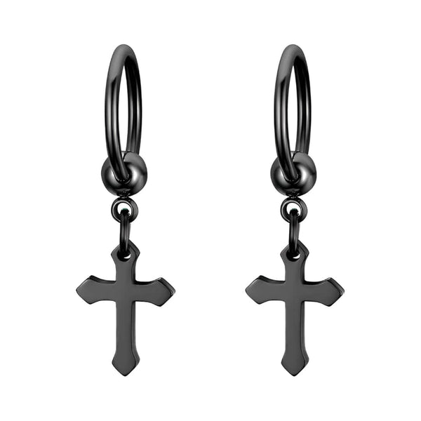 ARCADIA BLACK CROSS DROPS - Titanium Steel Hoop Earrings for Men & Boys (2 Pcs)