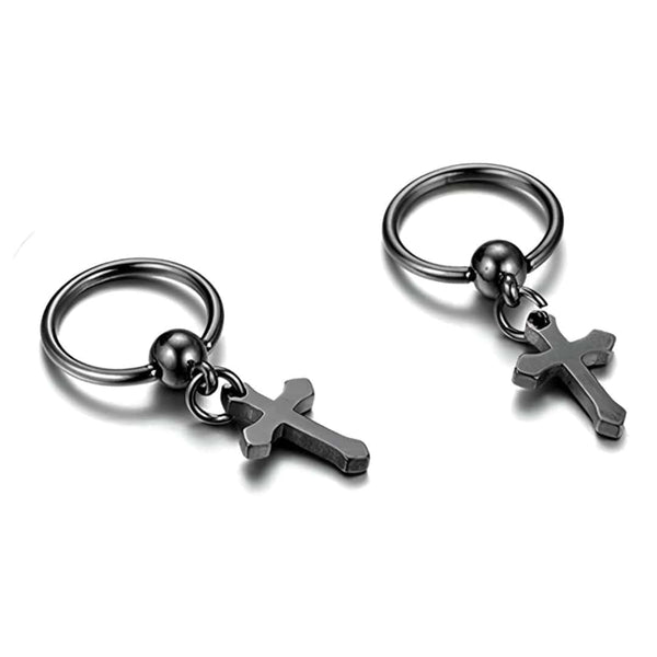 ARCADIA BLACK CROSS DROPS - Titanium Steel Hoop Earrings for Men & Boys (2 Pcs)