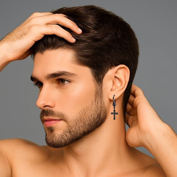 ARCADIA BLACK CROSS DROPS - Titanium Steel Hoop Earrings for Men & Boys (2 Pcs)