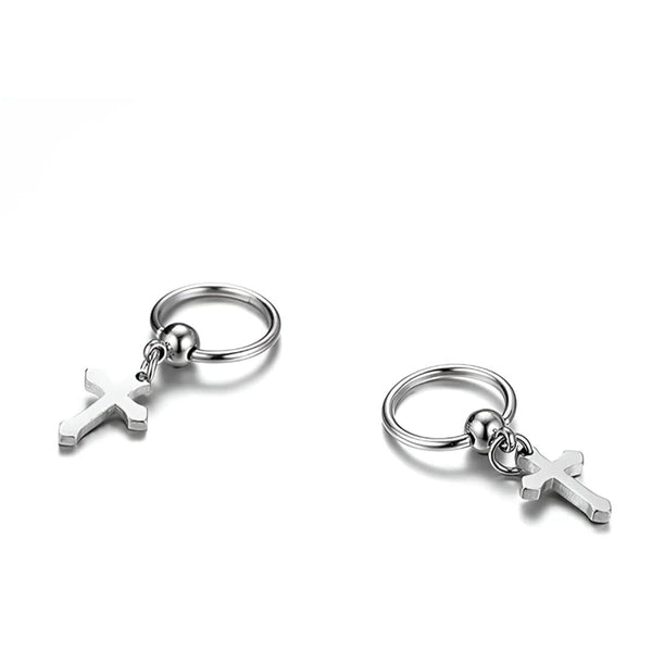 ARCADIA SILVER CROSS DROP - Titanium Steel Hoop Earrings for Men & Boys (2 Pcs)