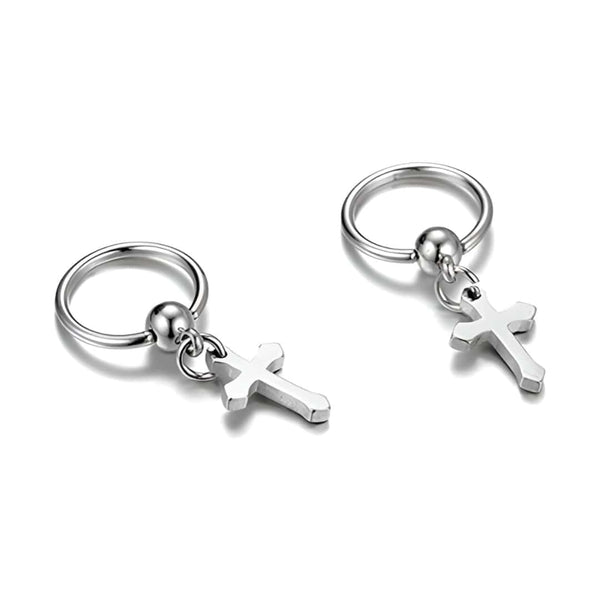ARCADIA SILVER CROSS DROP - Titanium Steel Hoop Earrings for Men & Boys (2 Pcs)