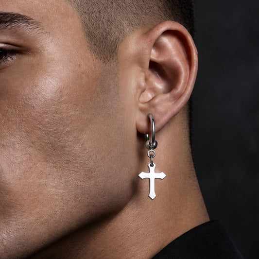 THE MEN THING Nose & Ear Ring Pair (Both Ears) ARCADIA SILVER CROSS DROP - Titanium Steel Hoop Earrings for Men & Boys (2 Pcs)