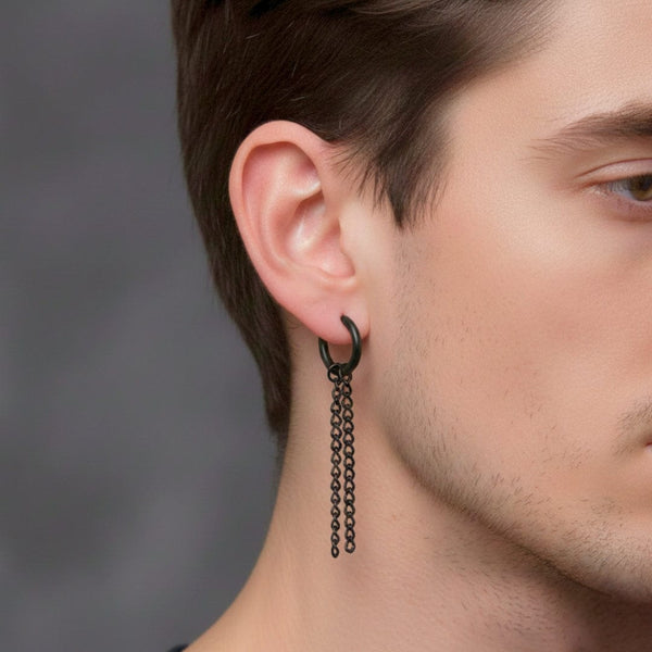 BLACK NOCTURNE LINK - 2mm Titanium Steel Hoop Earrings for Men & Boys (2 Pcs)