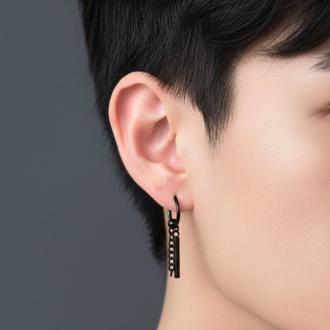 THE MEN THING Nose & Ear Ring Pair  (Both Ears) CHAIN AND BAR HUGGIE HOOP BLACK - Pure Titanium Steel Ear Hoop Earrings for Men & Boys (2 Pcs)