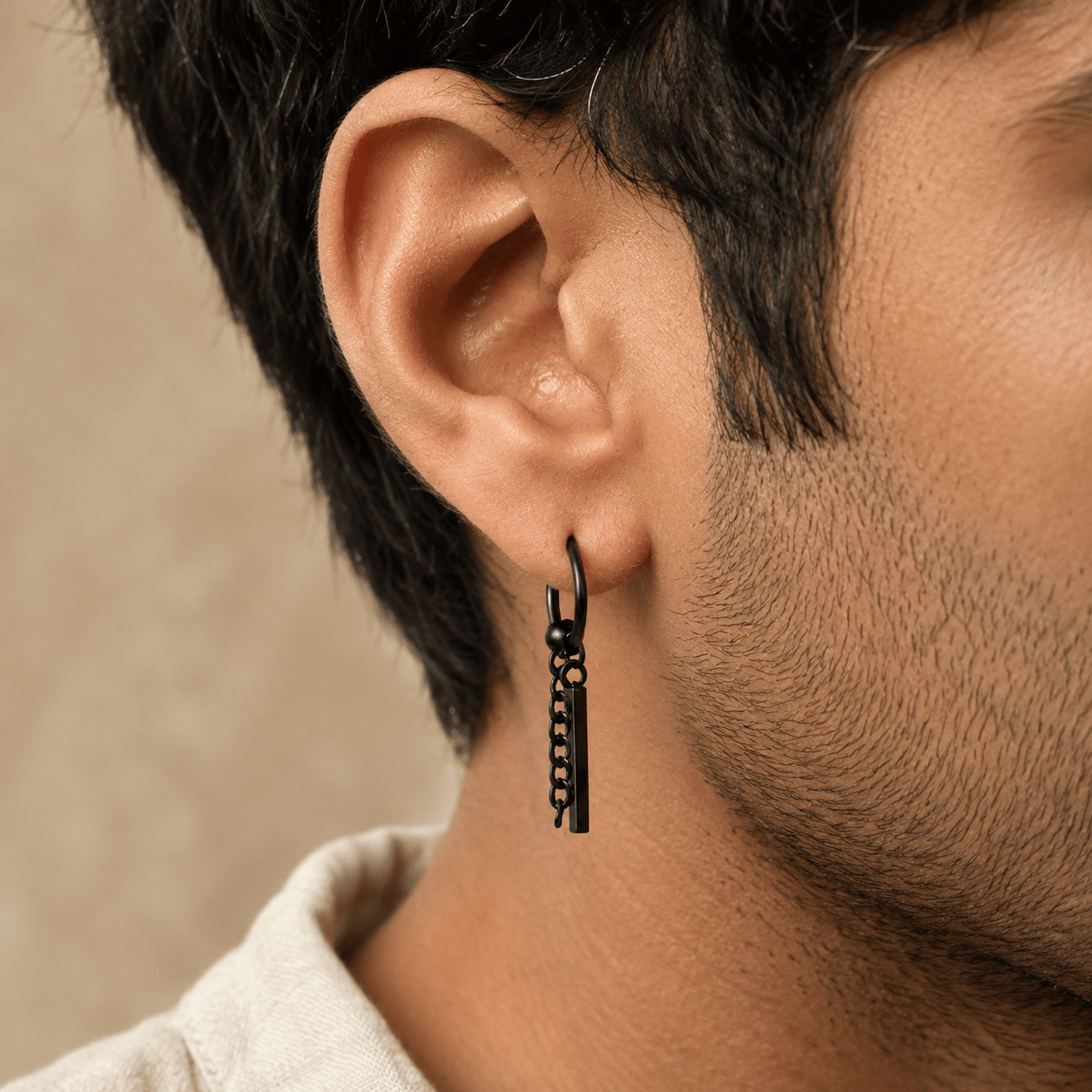 THE MEN THING Nose & Ear Ring Pair  (Both Ears) CHAIN AND BAR HUGGIE HOOP BLACK - Pure Titanium Steel Ear Hoop Earrings for Men & Boys (2 Pcs)