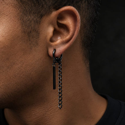 THE MEN THING Nose & Ear Ring Pair  (Both Ears) CHAIN AND BAR HUGGIE HOOP BLACK - Pure Titanium Steel Ear Hoop Earrings for Men & Boys (2 Pcs)