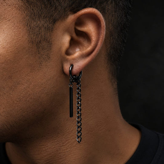 THE MEN THING Nose & Ear Ring Pair  (Both Ears) CHAIN AND BAR HUGGIE HOOP BLACK - Pure Titanium Steel Ear Hoop Earrings for Men & Boys (2 Pcs)