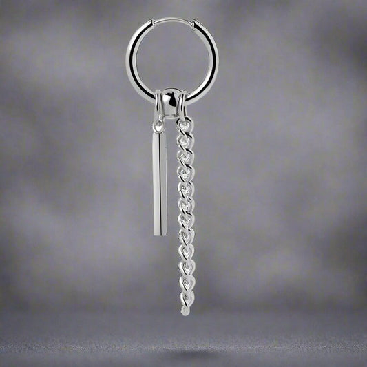 THE MEN THING Nose & Ear Ring Pair (Both Ears) CHAIN AND BAR HUGGIE HOOP SILVER - Pure Titanium Steel Ear Hoop Earrings for Men & Boys (2 Pcs)