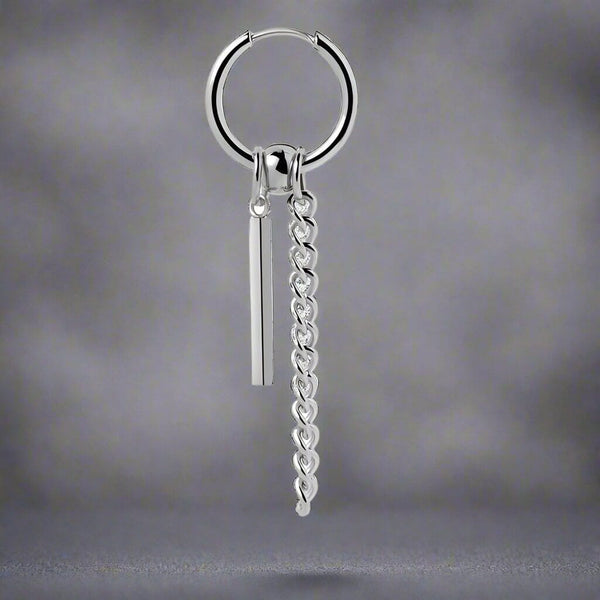 CHAIN AND BAR HUGGIE HOOP SILVER - Pure Titanium Steel Ear Hoop Earrings for Men & Boys (2 Pcs)