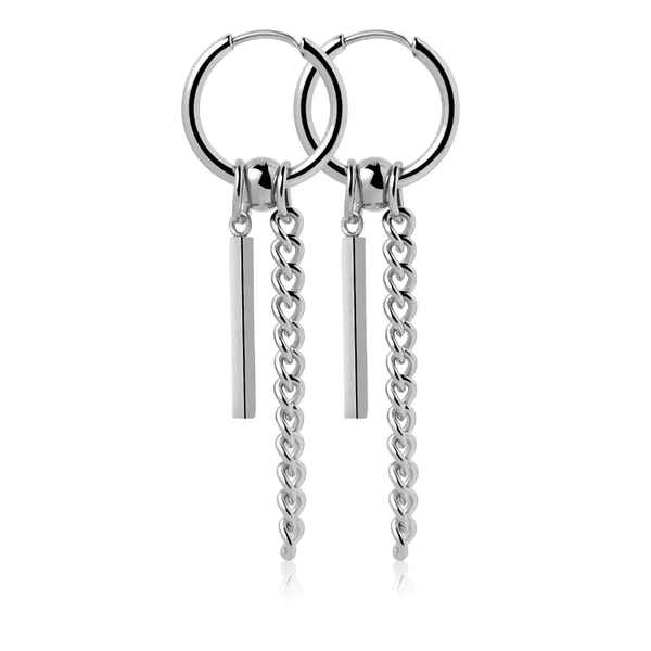CHAIN AND BAR HUGGIE HOOP SILVER - Pure Titanium Steel Ear Hoop Earrings for Men & Boys (2 Pcs)