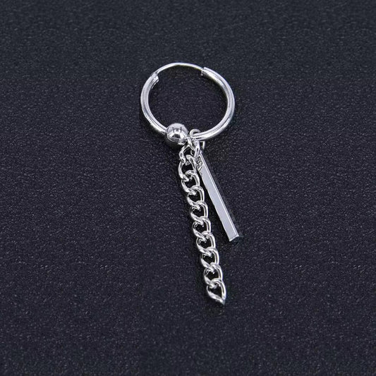 THE MEN THING Nose & Ear Ring Pair (Both Ears) CHAIN AND BAR HUGGIE HOOP SILVER - Pure Titanium Steel Ear Hoop Earrings for Men & Boys (2 Pcs)