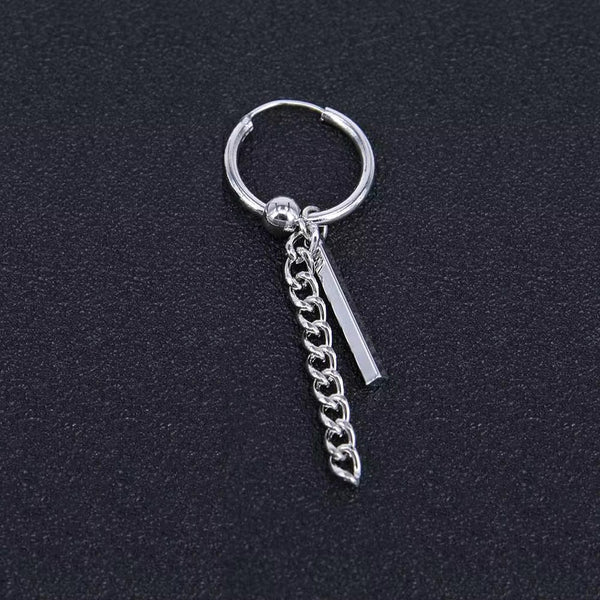 CHAIN AND BAR HUGGIE HOOP SILVER - Pure Titanium Steel Ear Hoop Earrings for Men & Boys (2 Pcs)