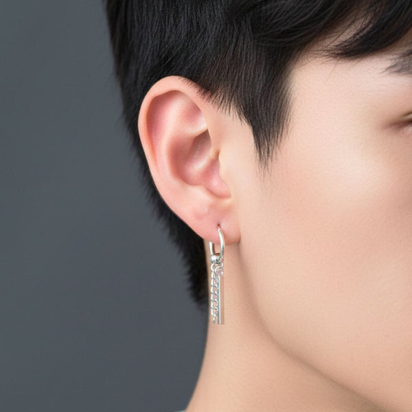 CHAIN AND BAR HUGGIE HOOP SILVER - Pure Titanium Steel Ear Hoop Earrings for Men & Boys (2 Pcs)