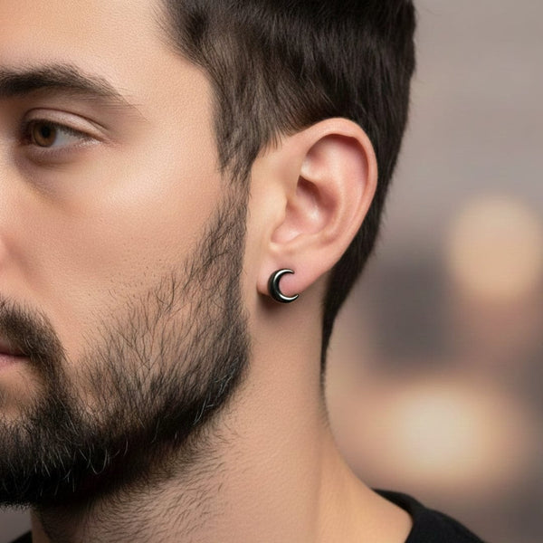 CRESCENT MOON - Pure Titanium Steel Piercing Screw Ball Ear Earrings for Men & Boys (2 Pcs)
