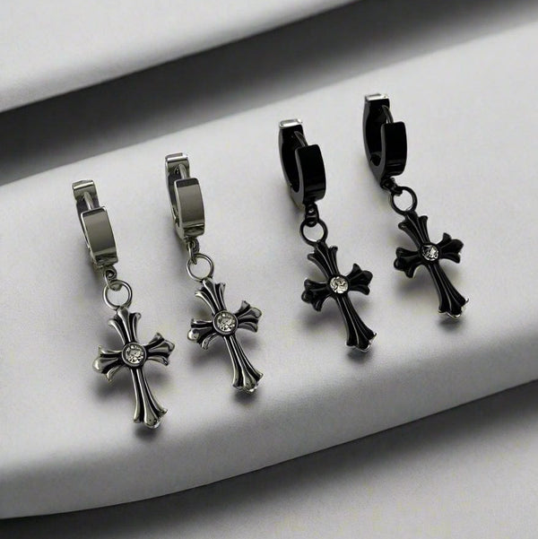 CROSS CIRCLE BLACK - Titanium Steel Hoop Earrings for Men & Boys (2 Pcs)