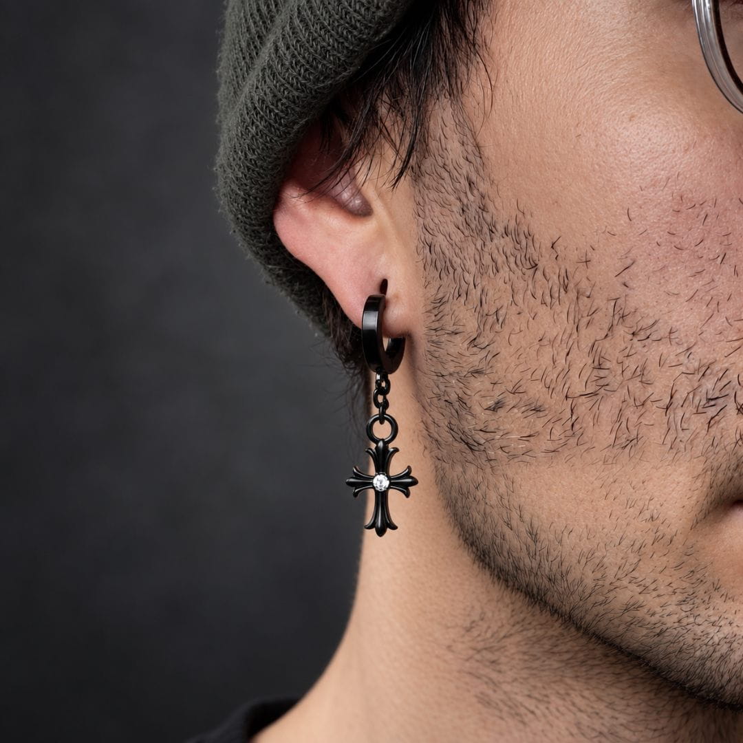 THE MEN THING Nose & Ear Ring Pair  (Both Ears) CROSS CIRCLE BLACK - Titanium Steel Hoop Earrings for Men & Boys (2 Pcs)