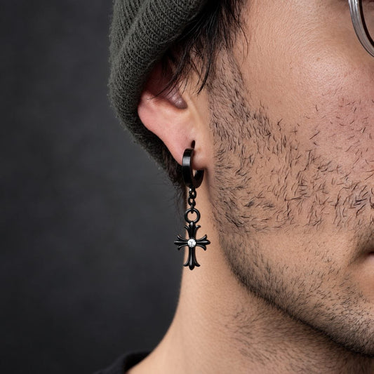 THE MEN THING Nose & Ear Ring Pair  (Both Ears) CROSS CIRCLE BLACK - Titanium Steel Hoop Earrings for Men & Boys (2 Pcs)